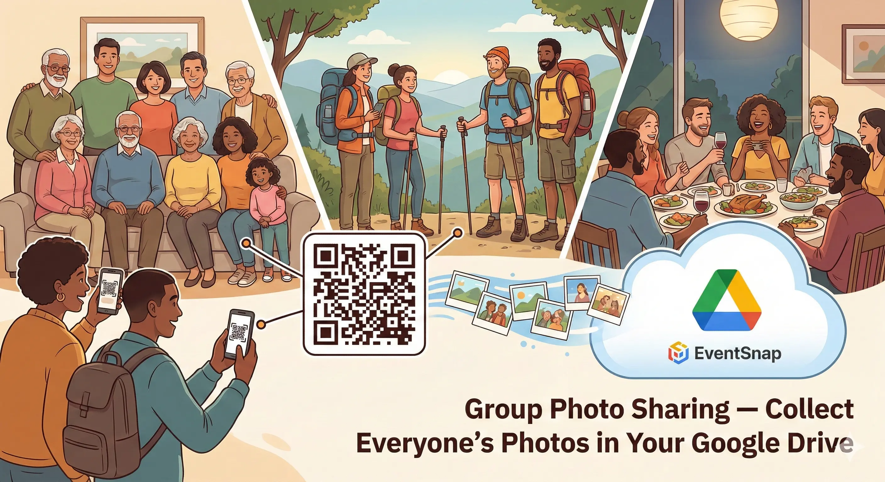 Group of friends sharing photos via QR code