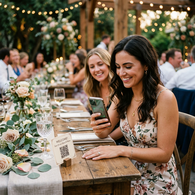Guests seamlessly scanning a QR code with their smartphones at a rustic wedding table