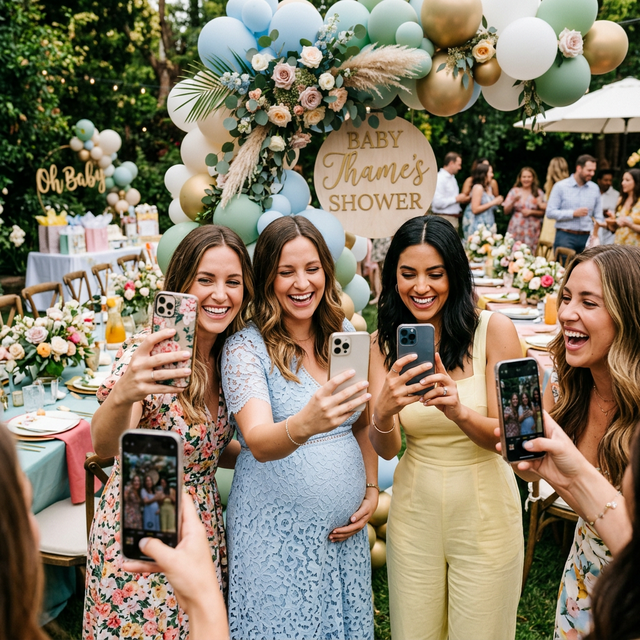 Happy guests taking photos with their smartphones at a beautifully decorated baby shower