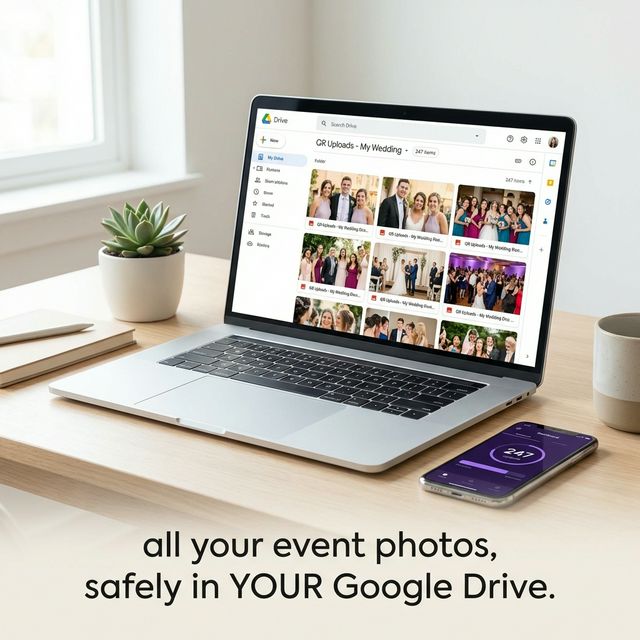 247 wedding photos from guests collected automatically in the host's personal Google Drive via EventSnap