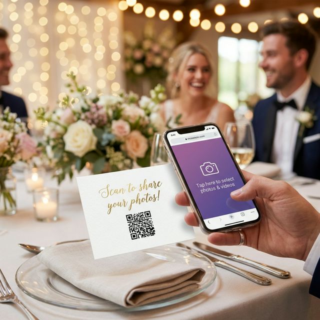 Wedding guest scanning QR code to upload photos to Google Drive