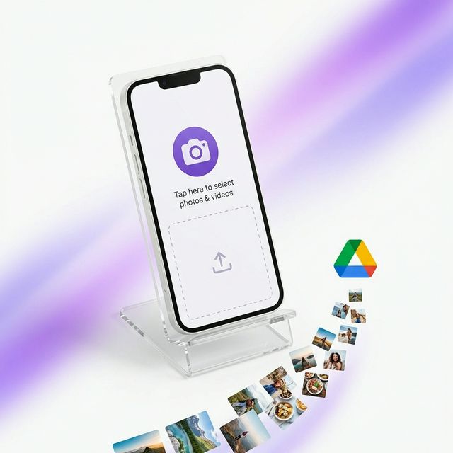 EventSnap's mobile upload page showing how guests share photos and videos that flow directly to Google Drive