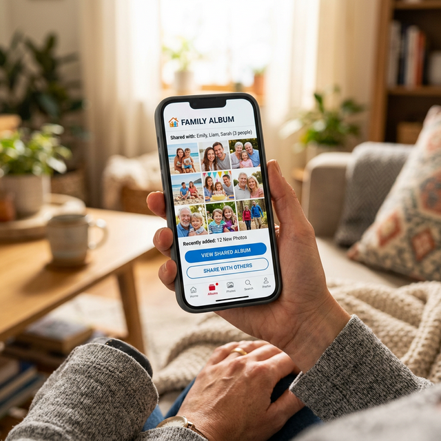 Family sharing photo album on phone