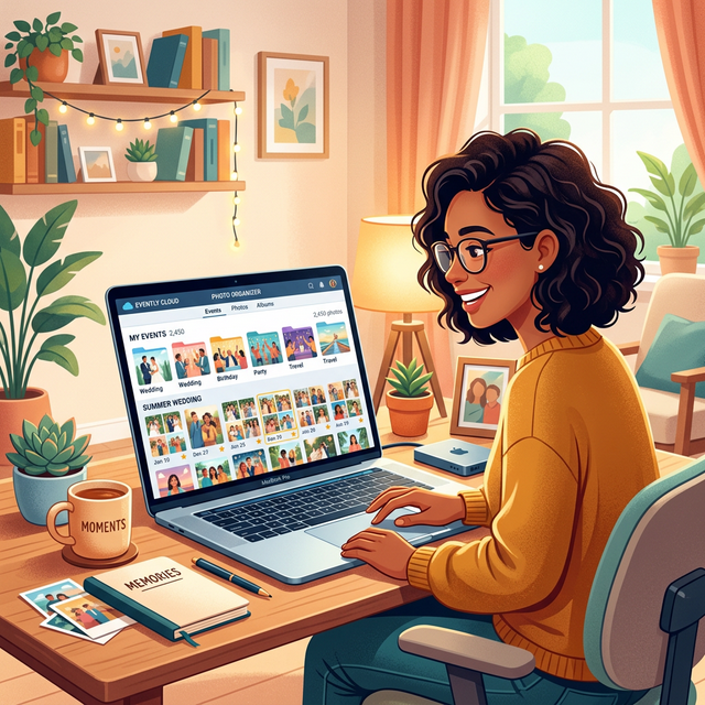 Happy person organizing photos on laptop