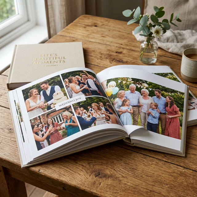 Printed photo book on a table