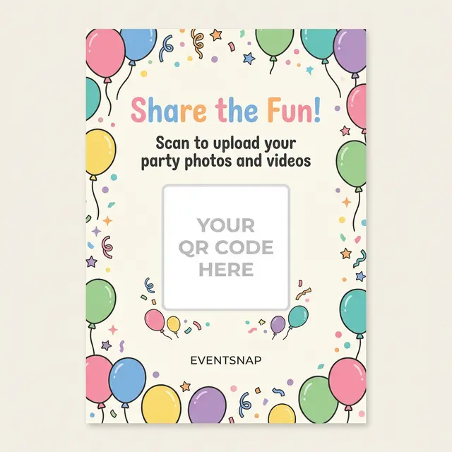 Fun birthday party QR code table card template with colorful balloons and confetti