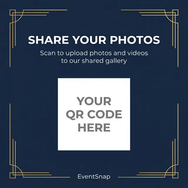 Modern corporate QR code table card template with navy blue and gold geometric design