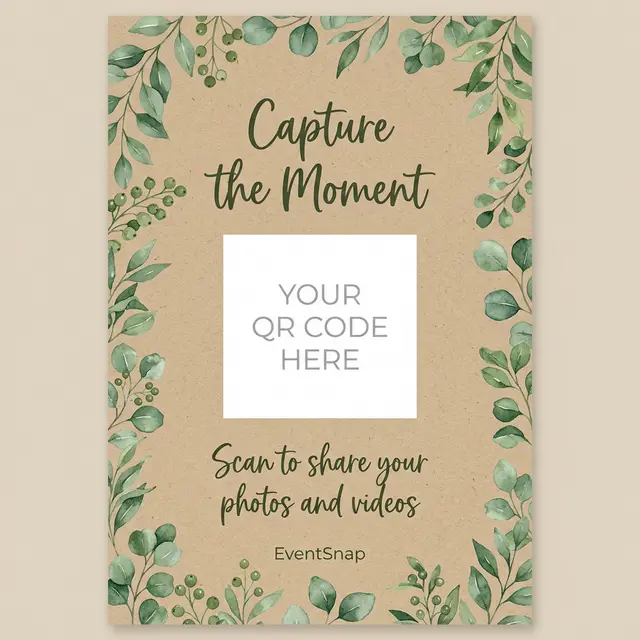 Rustic botanical QR code table card template with greenery and kraft paper