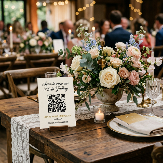 Beautifully printed high quality QR code card on a rustic wood wedding table