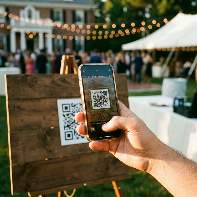 Guest scanning EventSnap QR code on table for instant full-resolution upload to Google Drive