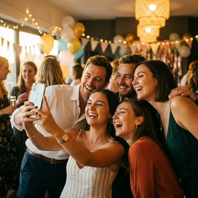 Happy wedding guests celebrating and uploading photos via EventSnap QR code