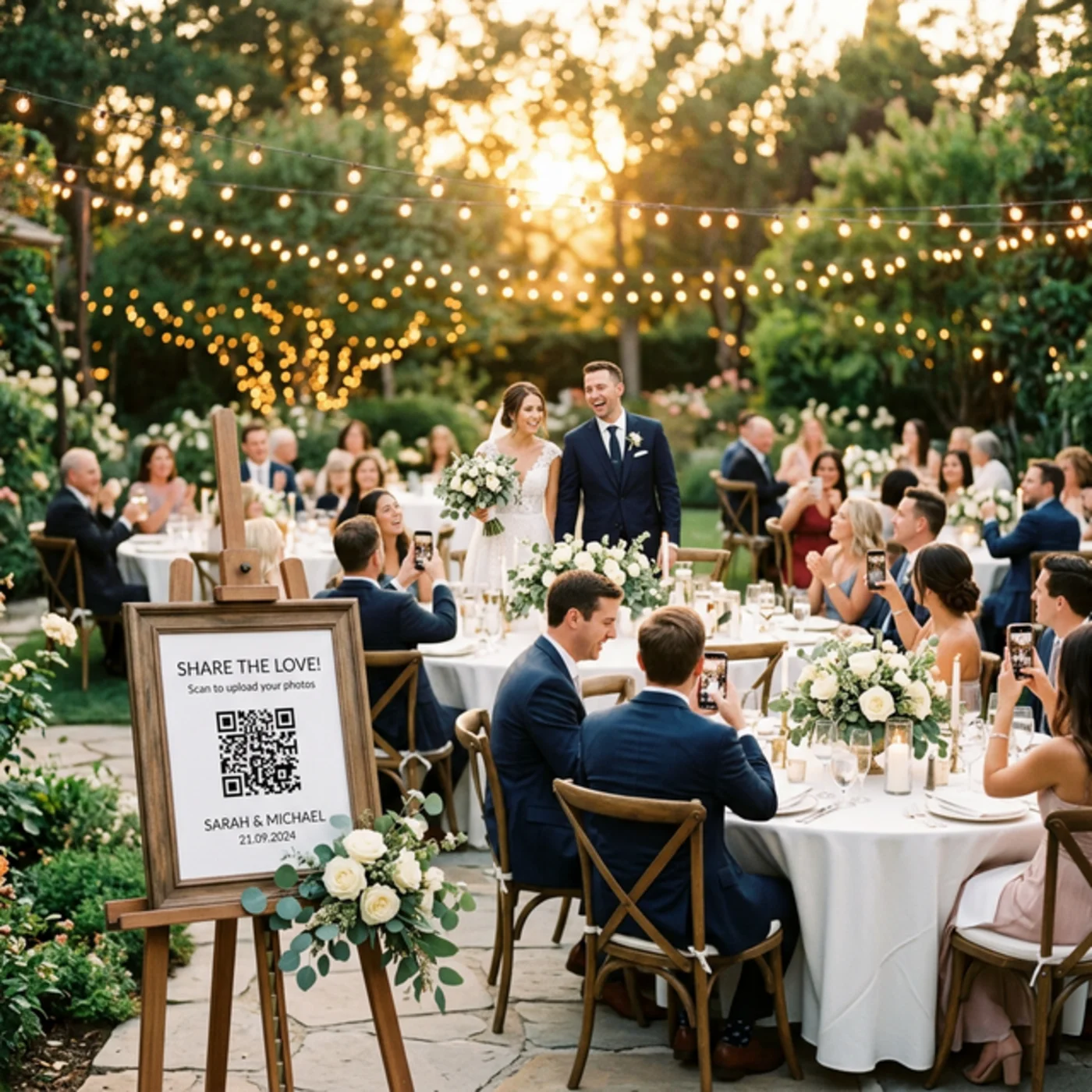 Golden hour outdoor wedding reception with guests sharing photos via QR code