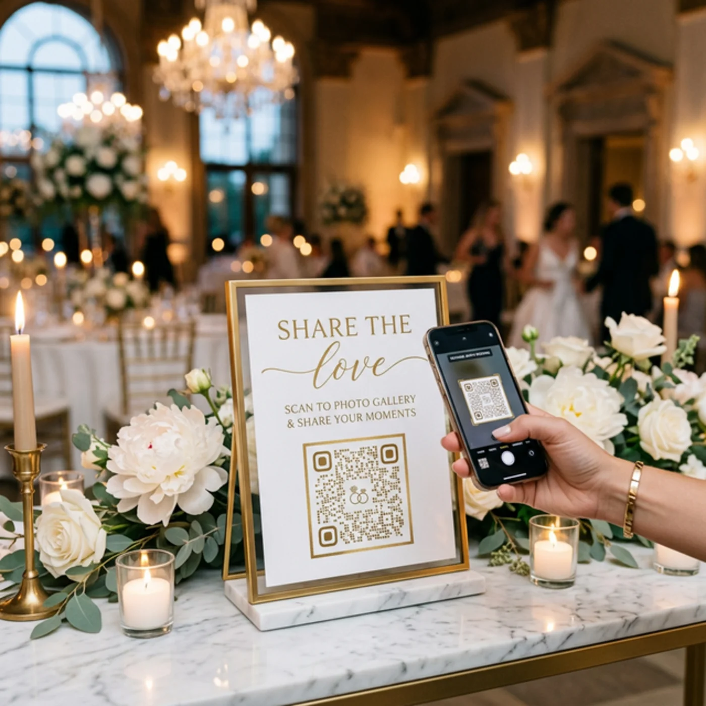 Luxury wedding venue with elegant QR code sign for photo sharing