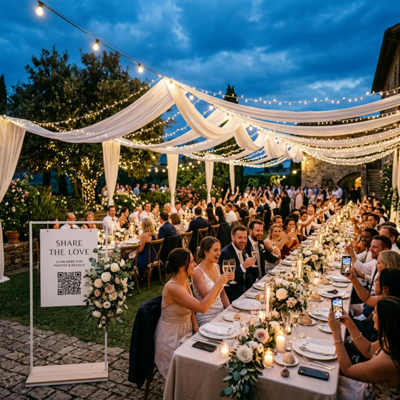 Cinematic evening wedding reception under fairy lights with QR code photo sharing